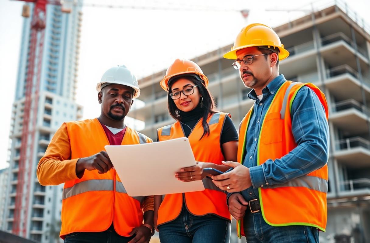 Diverse South African construction team – Black, Indian and White professionals reviewing building plans on site