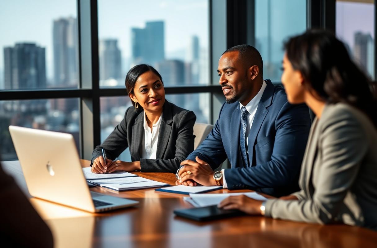 Black and Indian South African consultants advising a client in a Sandton boardroom